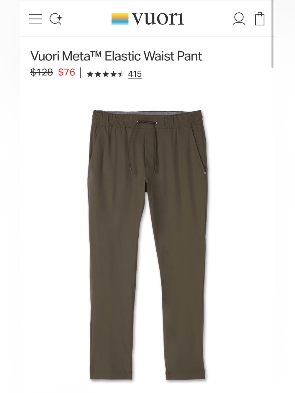 Vuori Meta™ Elastic Waist Pant Size Extra Large Like New Dark Oregano Green